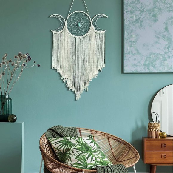 Triple Moon Goddess Macrame Woven Wall Hanging Dream Catcher Decor